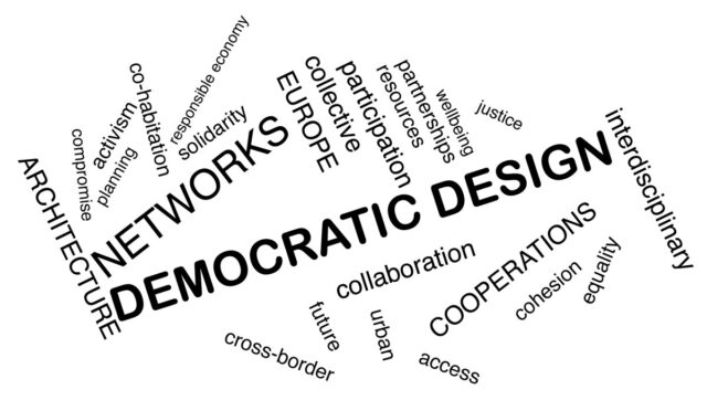 Na białym tle rozsypane czarne hasła związane z projektem Democratic Design